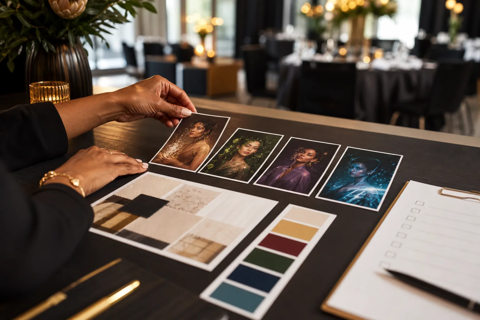 ai-photo-booth-event-approval Event organiser reviewing four AI portrait concepts and colour samples