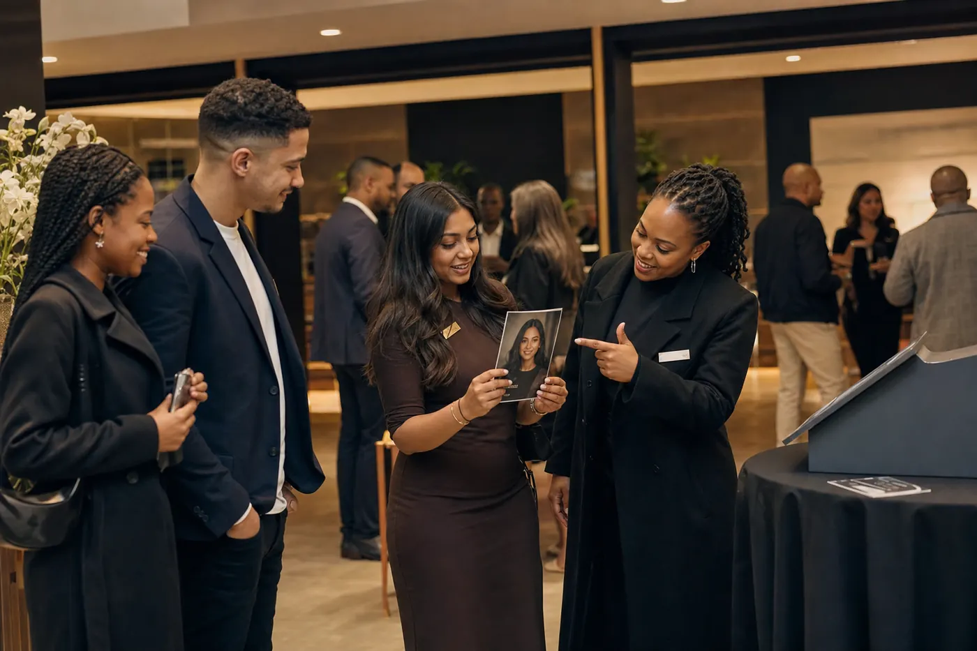 Event attendant showing a guest her finished AI portrait while friends wait nearby