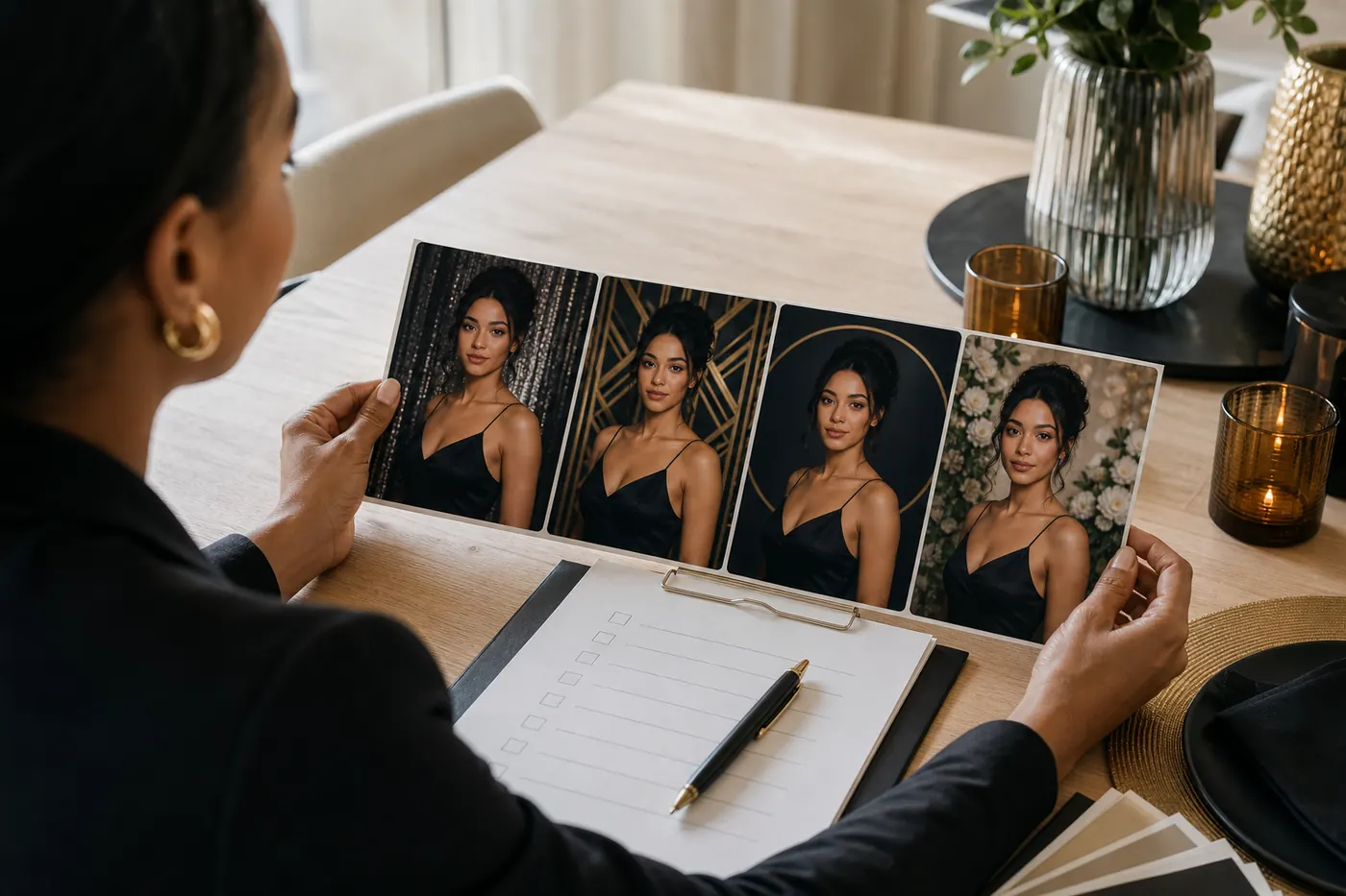 Organiser comparing four coordinated AI portrait treatments for one event theme