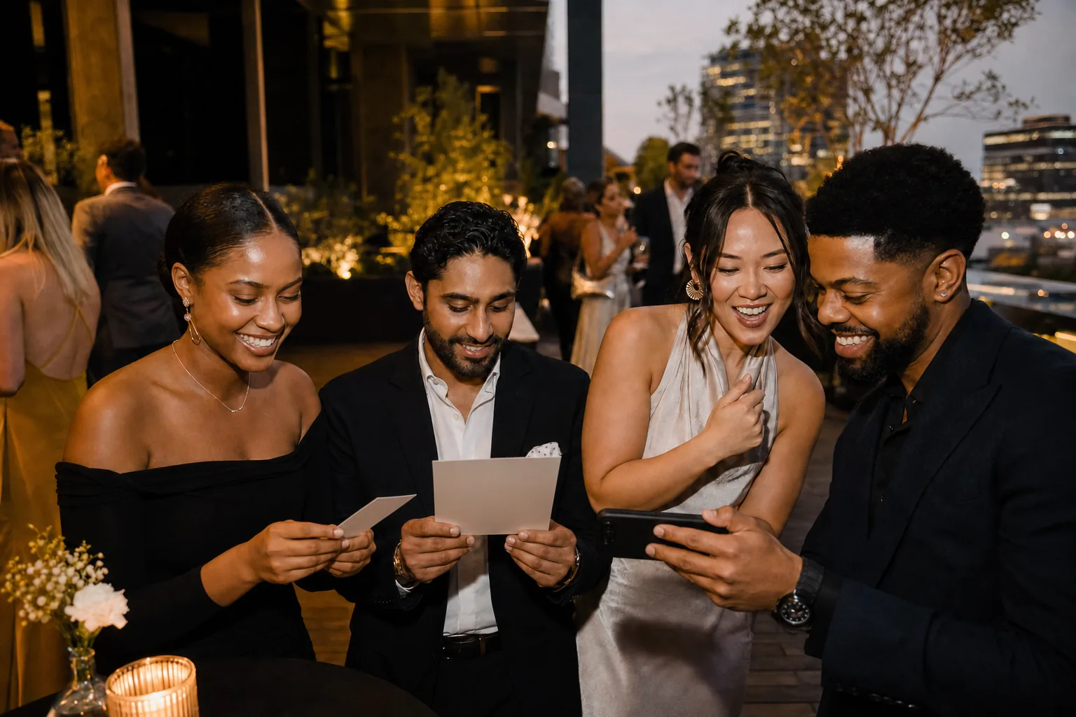 modern-photo-booth-features Guests comparing printed and digital photographs at a modern evening event