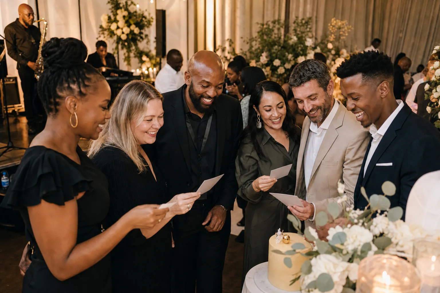 occasions-to-rent-photo-booth Guests looking at printed photographs together during an evening function