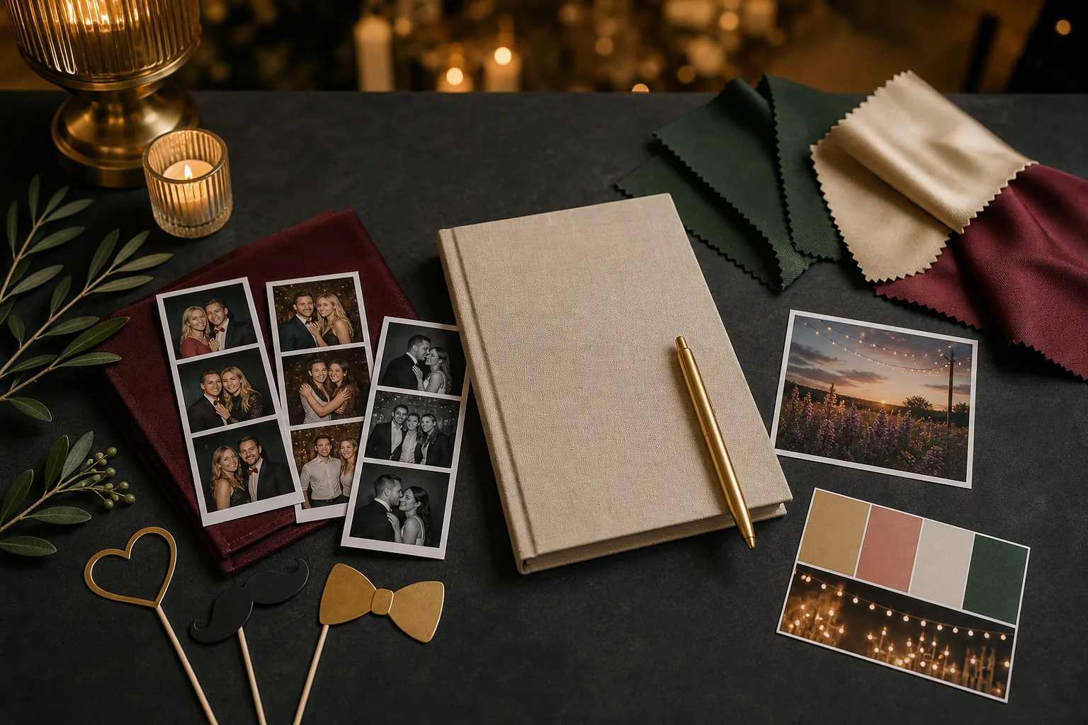 photo-booth-add-ons Photo strips, guest book, backdrop swatches and event add-ons arranged on a table