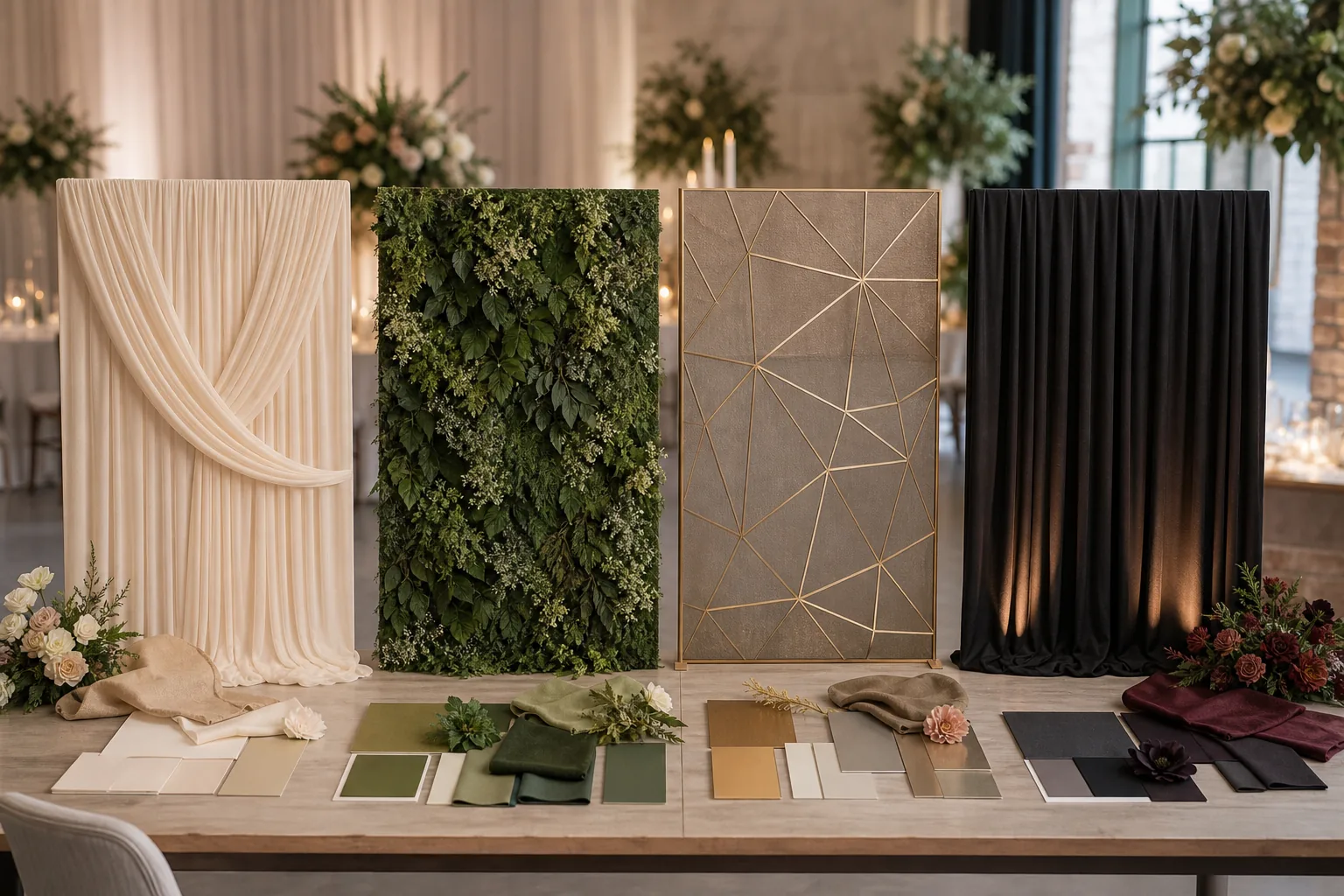 photo-booth-backdrop-ideas Four photo booth backdrop styles with coordinating fabric and colour samples