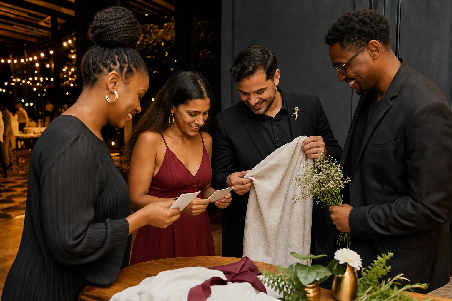 photo-booth-ideas Guests comparing backdrop fabric and printed photo ideas at an evening event