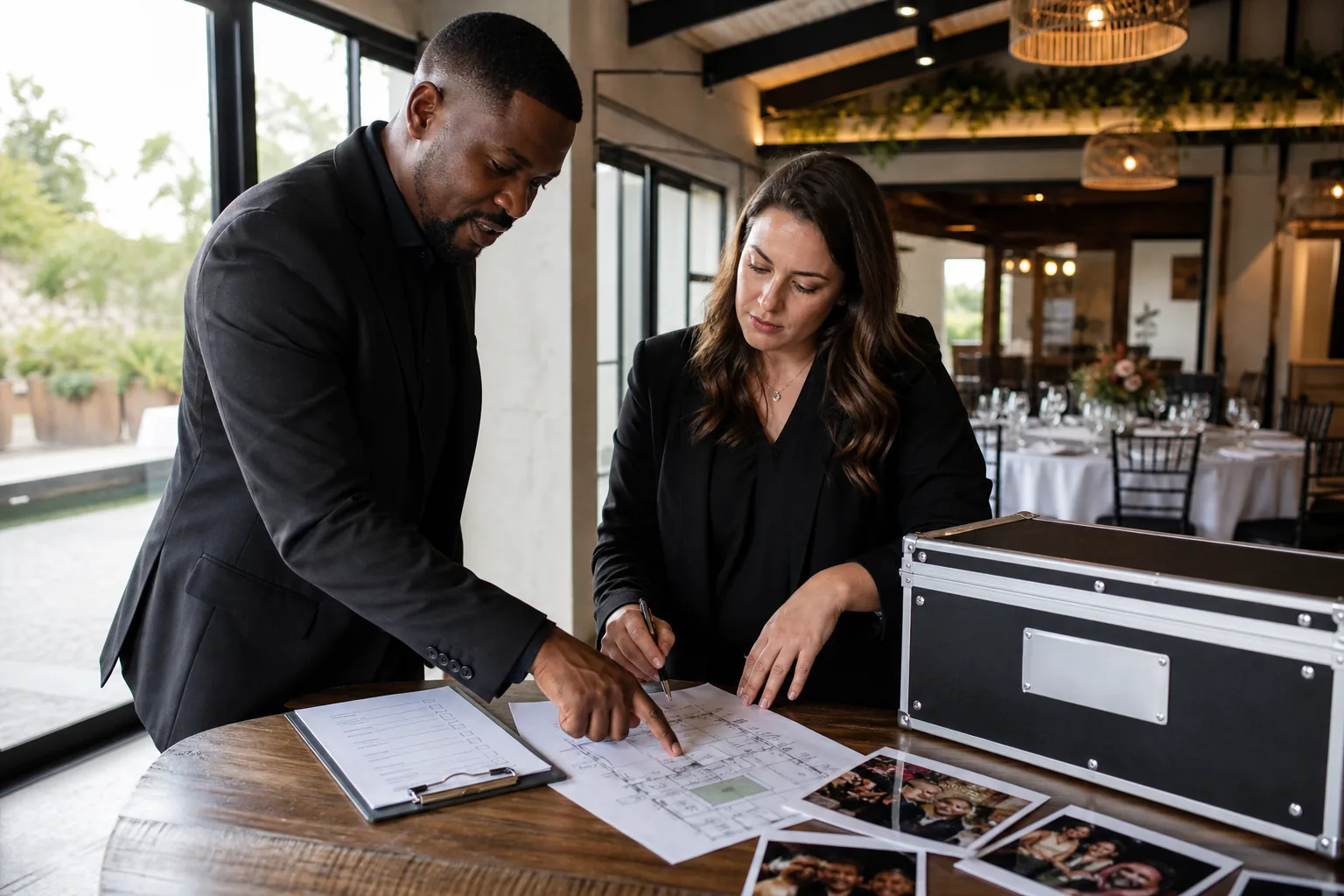 photo-booth-supplier-checklist Event organiser and supplier reviewing a venue plan and equipment checklist