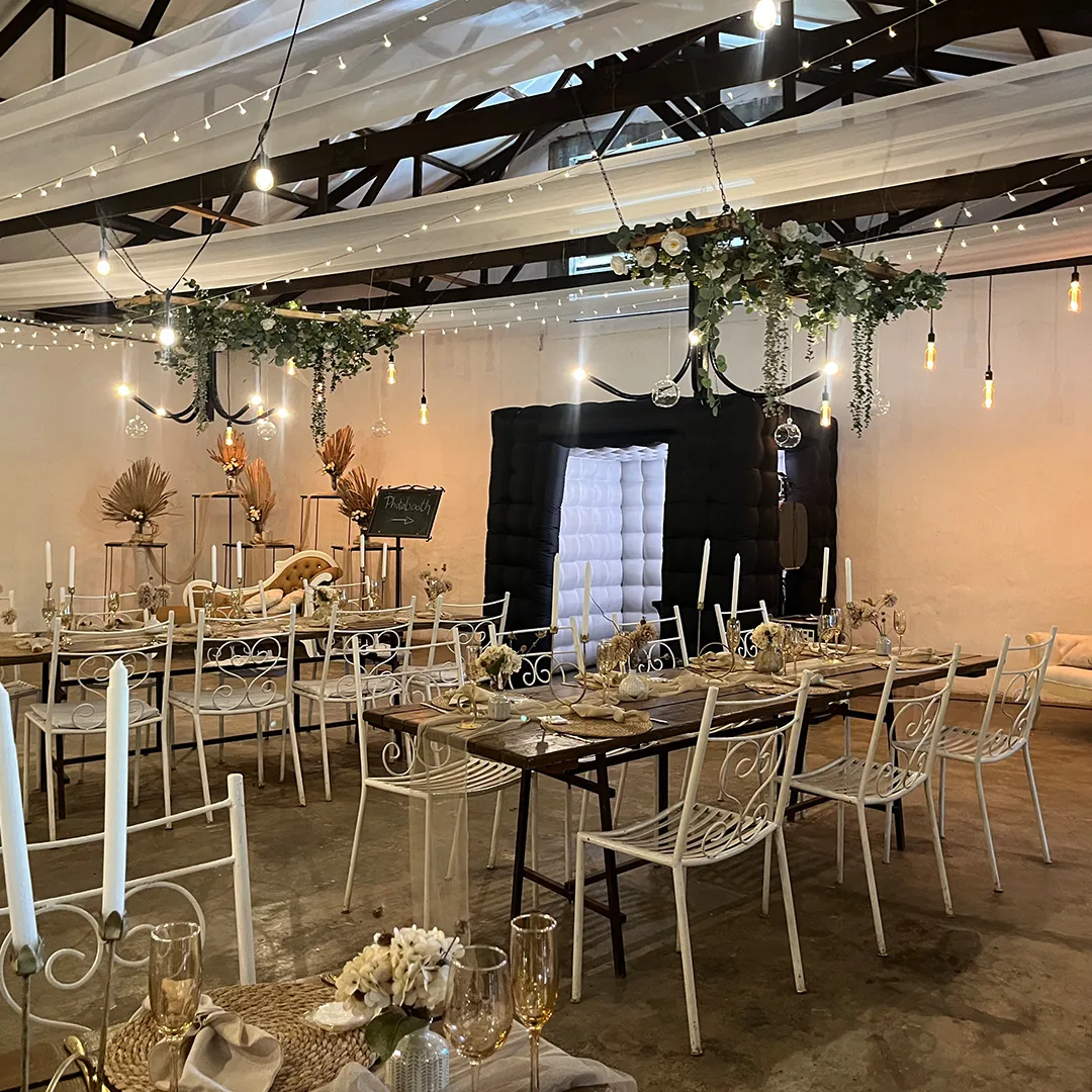 Photo booth equipment positioned at an event venue before guests arrive