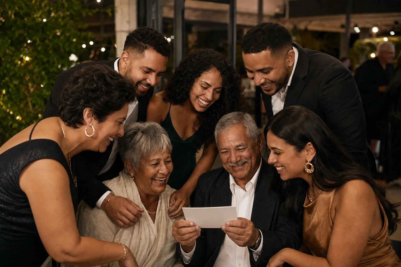 why-photo-booths-stay-popular Mixed-generation guests looking at one printed group photograph together