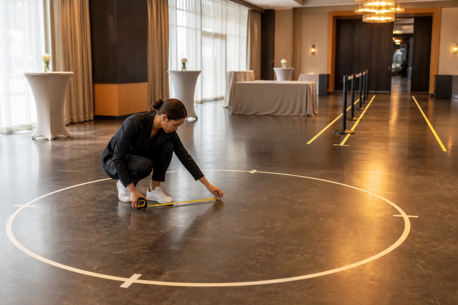 360-photo-booth-space-requirements-feature Event planner measuring a clear circular floor area and queue path in a Johannesburg function venue