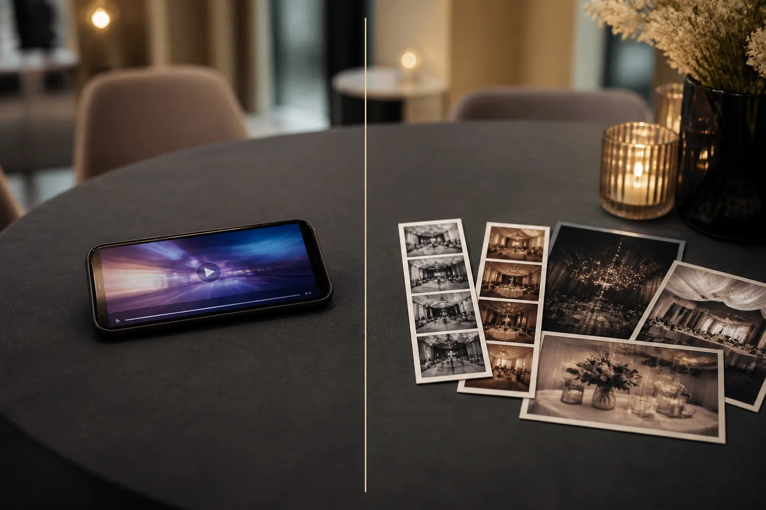 360-vs-printed-photo-booth-feature 360 video preview beside printed photo booth keepsakes on an event planning table