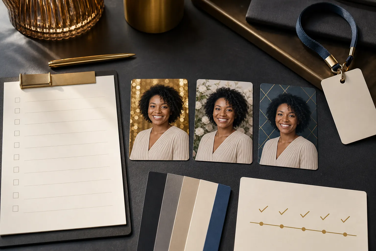 AI photo booth guest journey planning with portrait examples, colour swatches and checklist