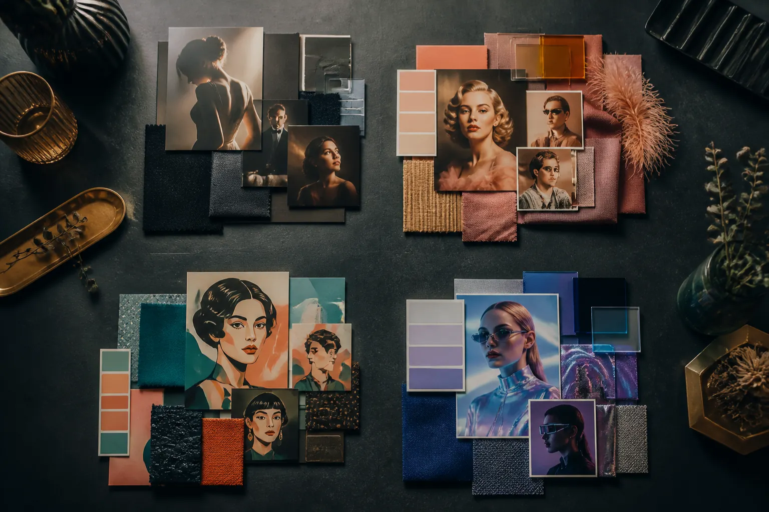 ai-photo-booth-themes-feature Four AI photo booth theme mood boards with colour, fabric and portrait references