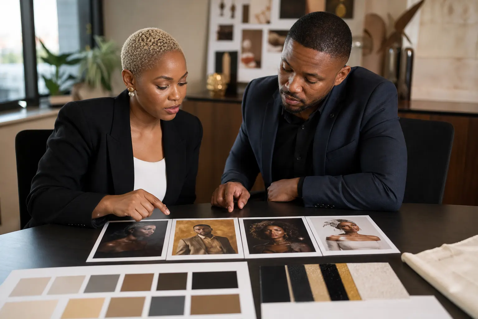 corporate-ai-photo-booth-approval Corporate event organisers reviewing AI portrait concepts and colour samples