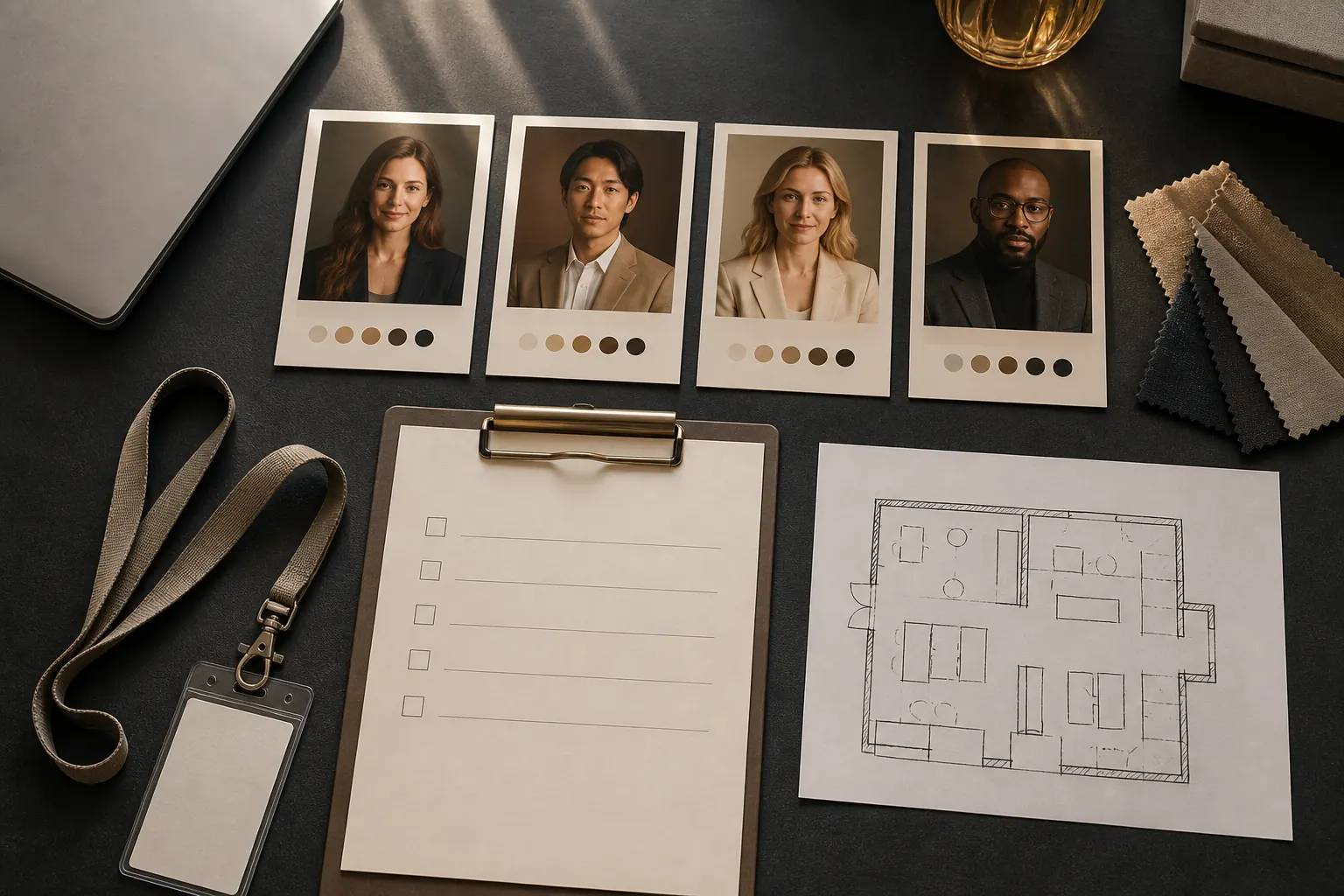 Corporate AI photo booth approval materials with portrait concepts, checklist and venue plan