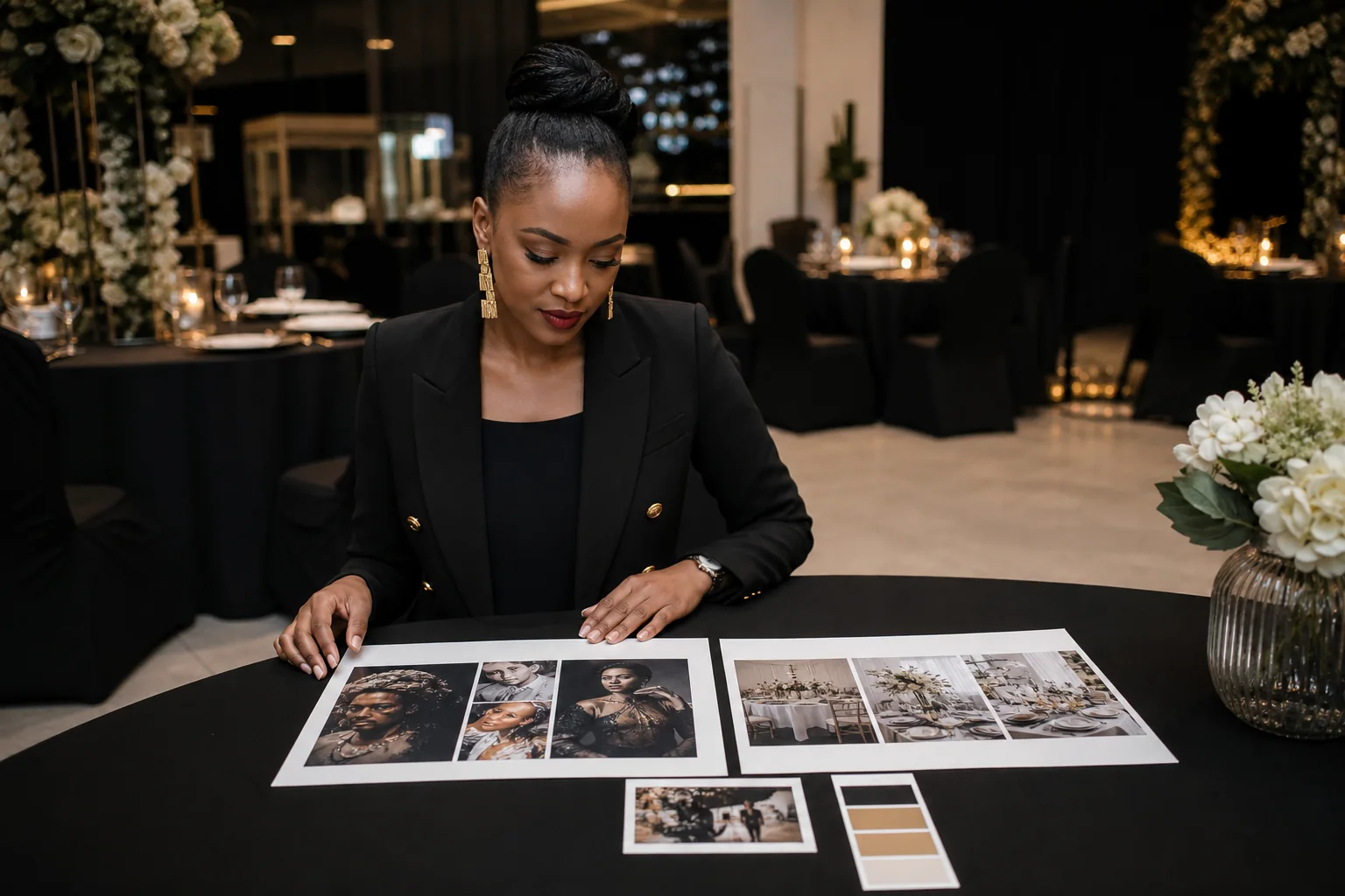 Event planner reviewing approved portrait styles, background artwork and print layouts for a photo booth
