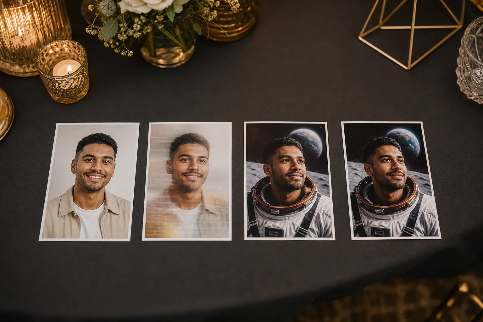 how-ai-photo-booth-works-feature AI photo booth portrait sequence from natural capture to themed printed result