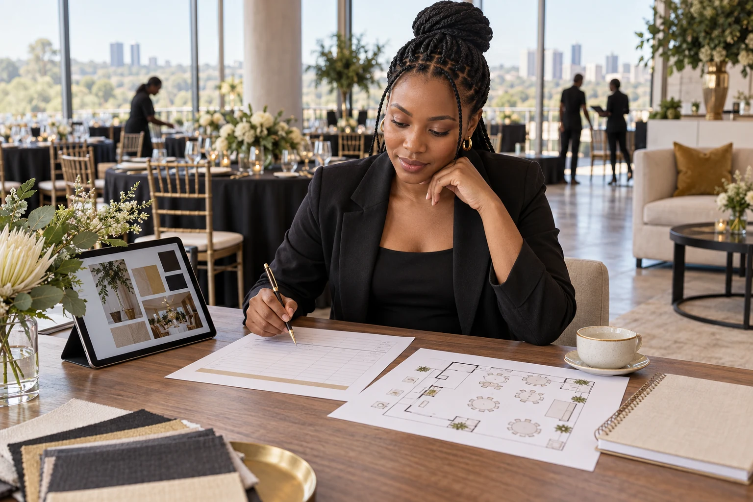 Event planner reviewing a photo booth quote and venue floor plan at a Gauteng function venue