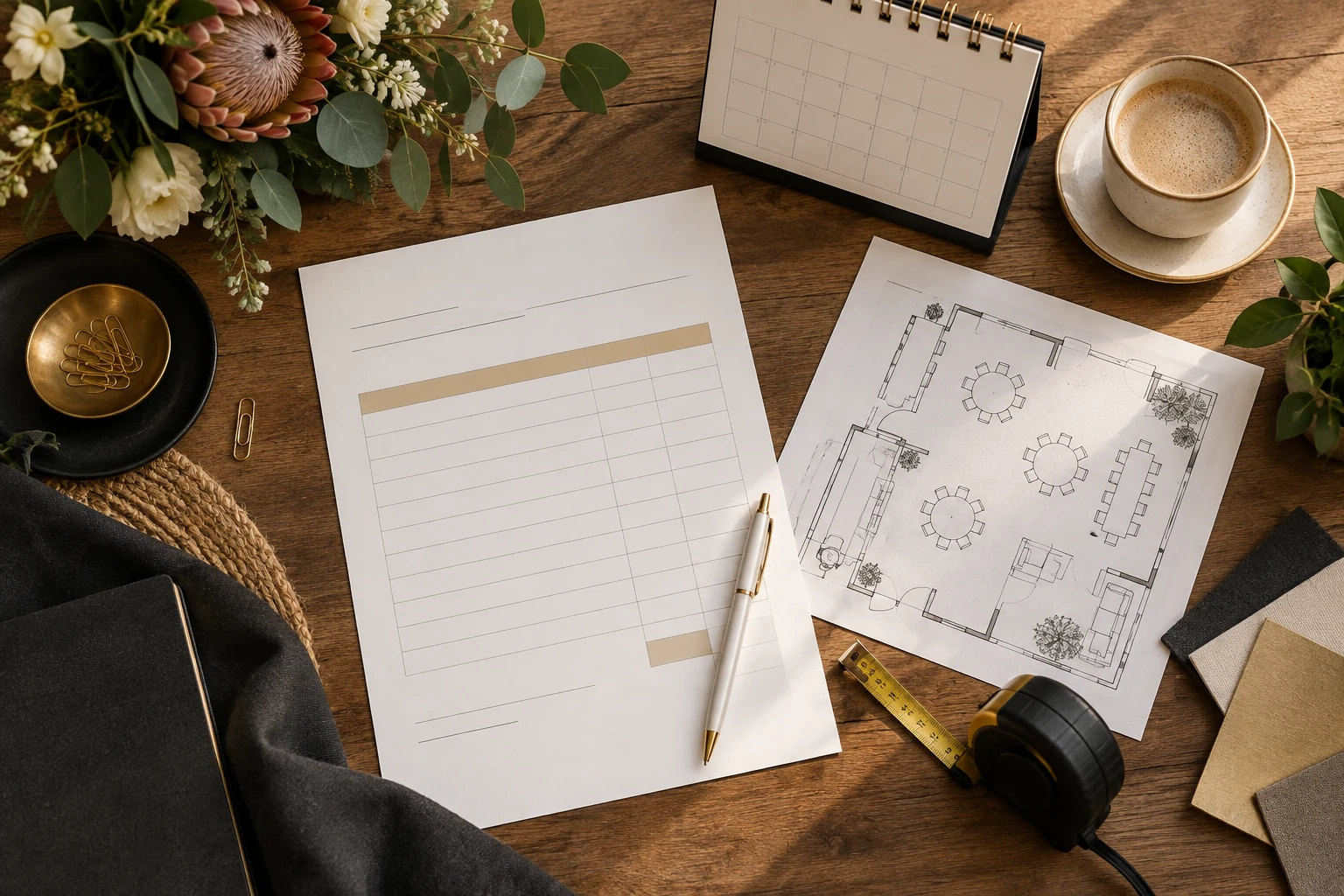 Event planning desk with a blank quote sheet, calendar and venue access notes in Gauteng