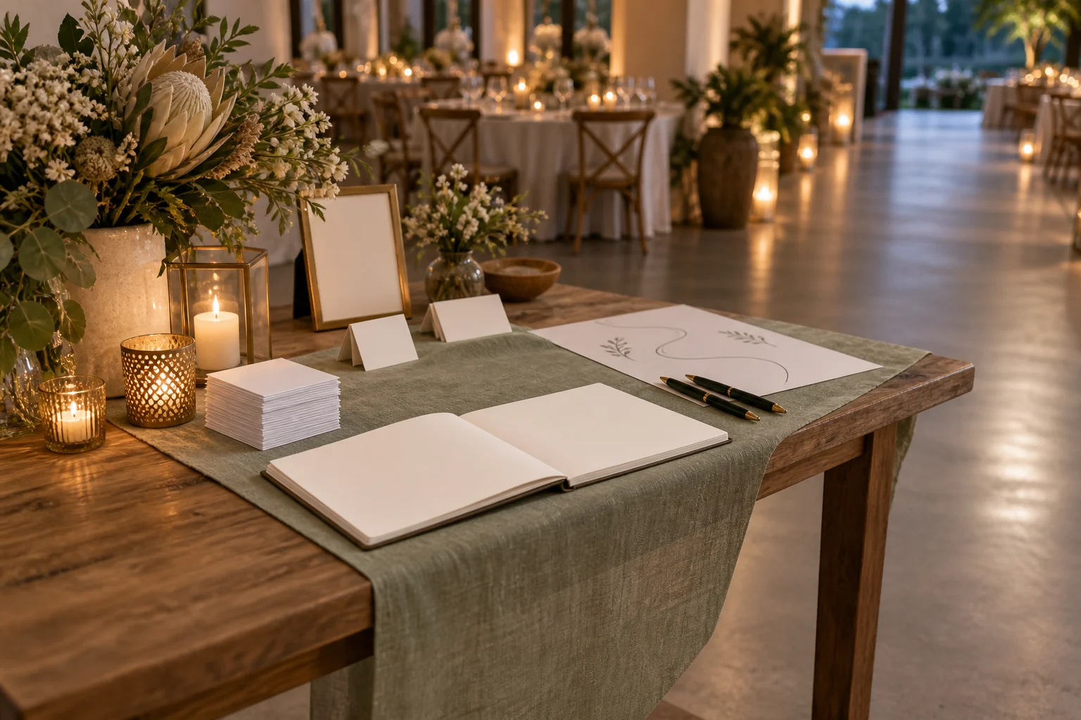 Wedding photo booth guest book, blank keepsake prints and a clear walkway beside a Gauteng reception table