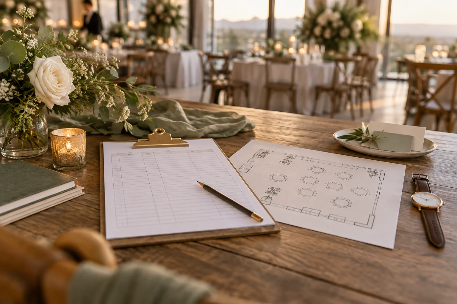 wedding-photo-booth-planning-guide-feature Wedding planner reviewing a reception run sheet and venue floor plan at a Gauteng wedding venue