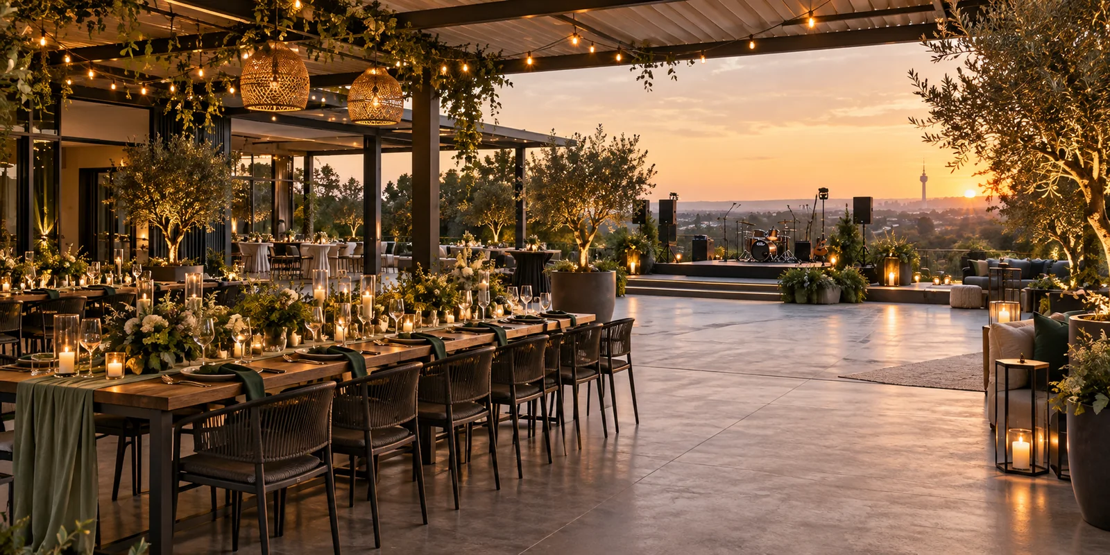 year-end-function-venue-gauteng Gauteng year-end function venue with a covered patio, dinner tables and an open event area at sunset