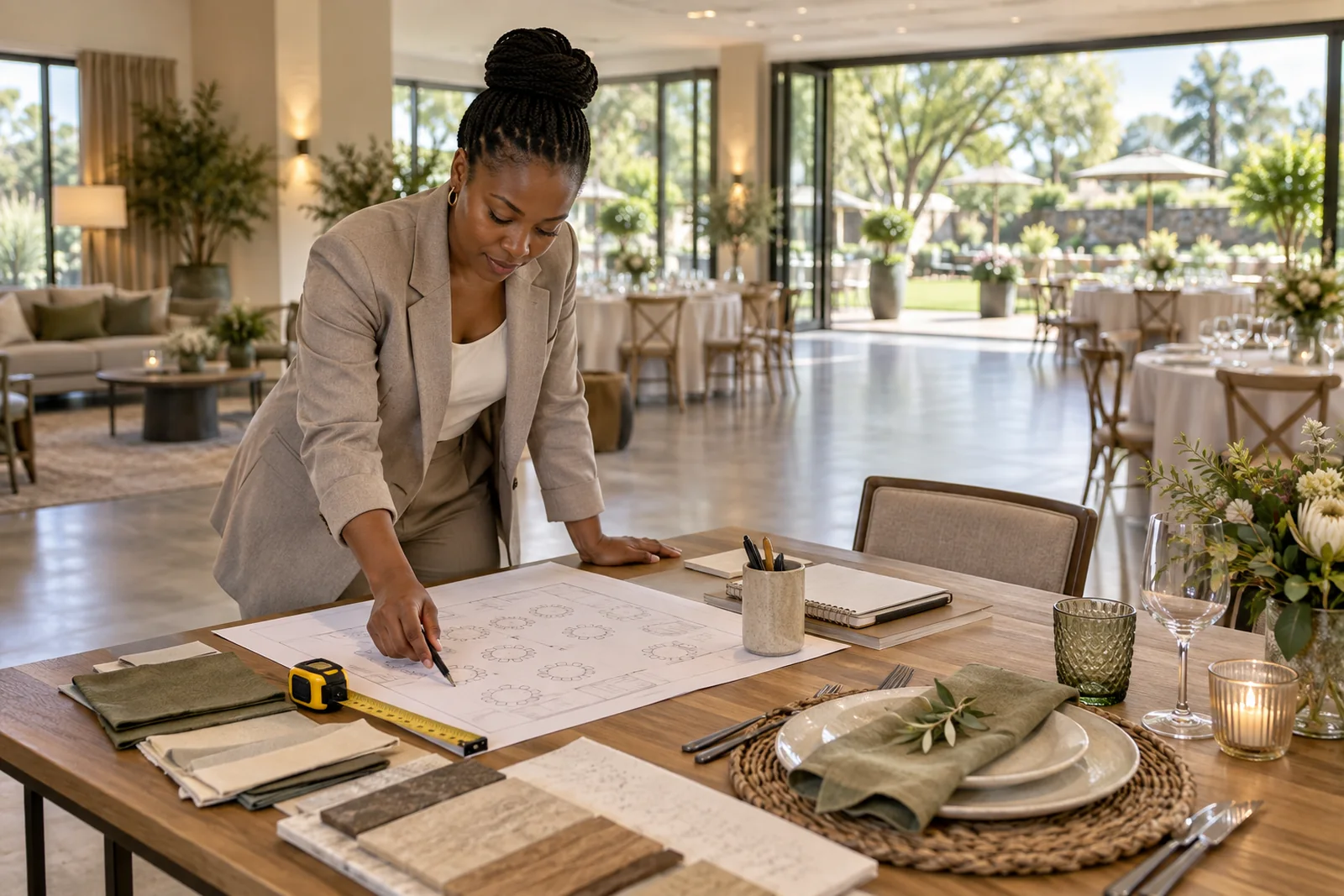 Event planner reviewing a floor plan and table layout inside a Gauteng function venue