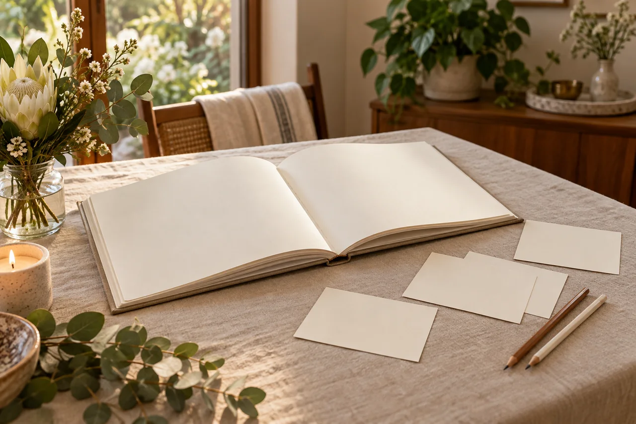 An open keepsake album and blank message cards show one of the 21st birthday photo ideas for guests.