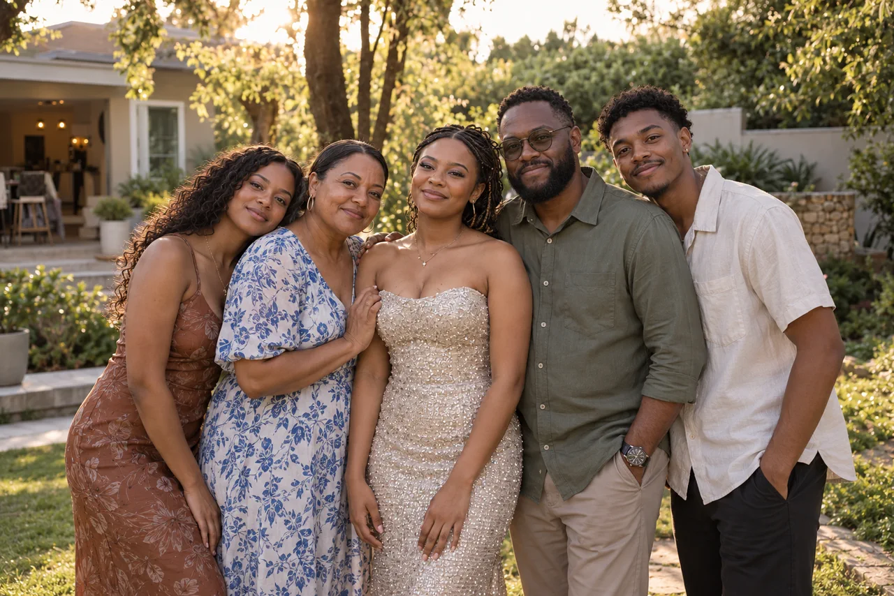 21st birthday photo ideas cover – garden portrait A 21st birthday celebrant poses with four family members and friends in a garden.
