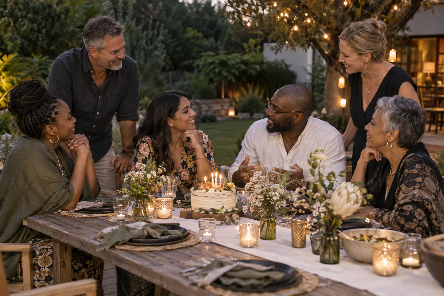 adult-birthday-party-ideas-cover Adult birthday party ideas with guests talking around a garden table at dusk