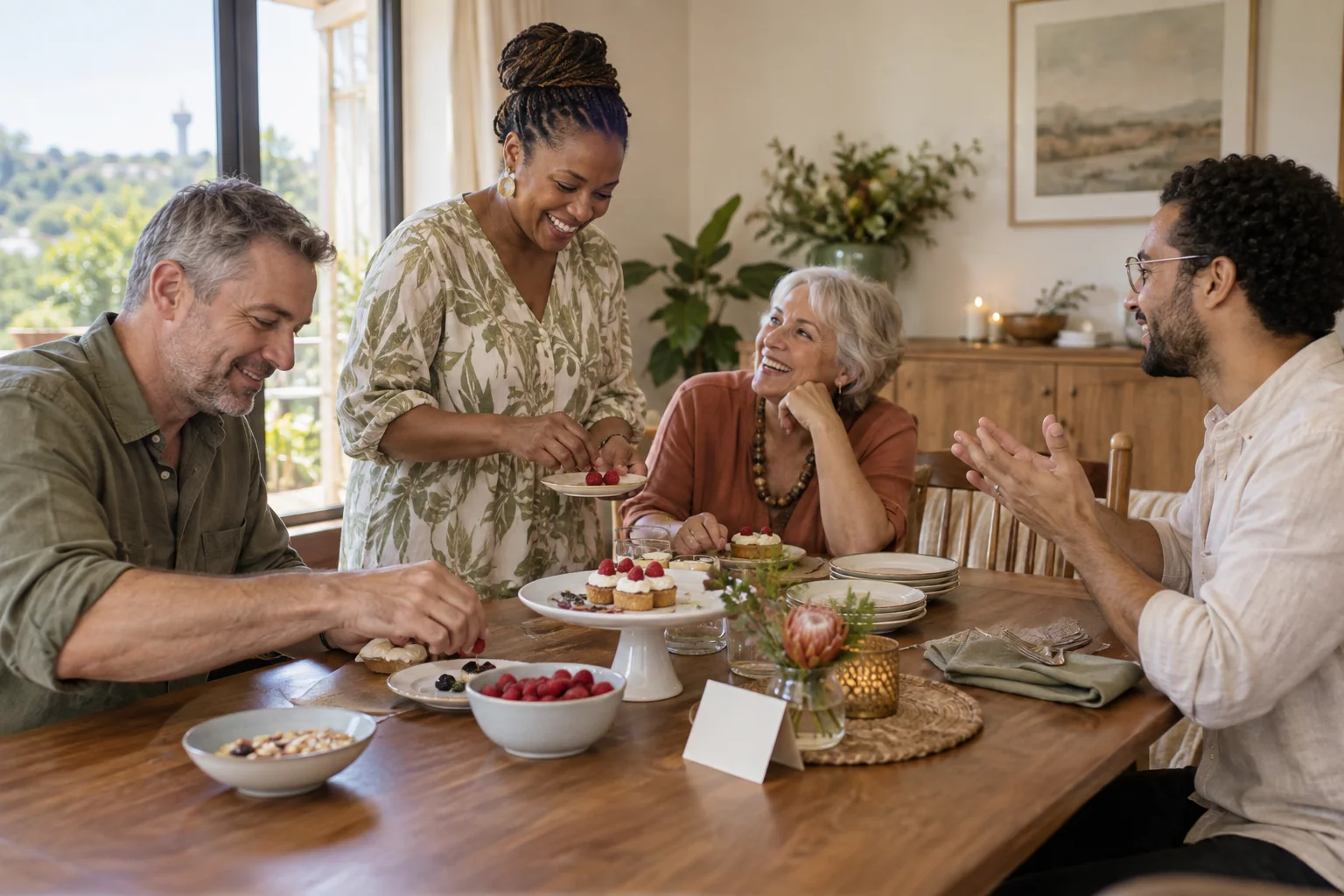 Adult birthday party ideas with guests preparing dessert around a dining table