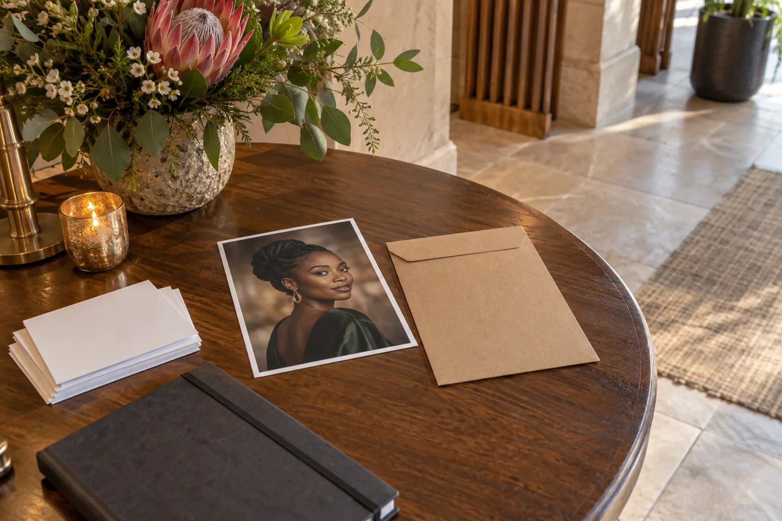 Printed portrait and blank collection envelope on an event welcome table