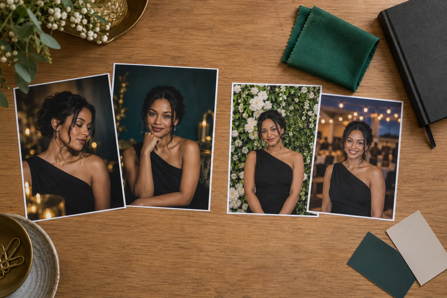 ai-photo-booth-vs-green-screen-comparison-cover-v2 AI photo booth vs green screen sample portraits laid flat on a planning table