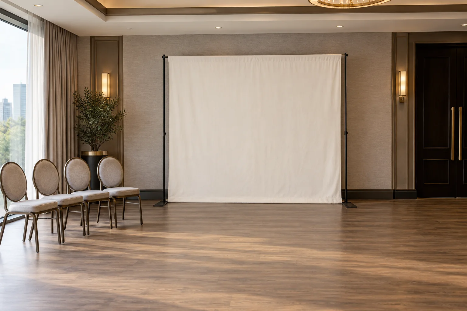 photo-booth-backdrop-size-guide-feature Blank fabric photo backdrop set up against a wall in a hotel function room.