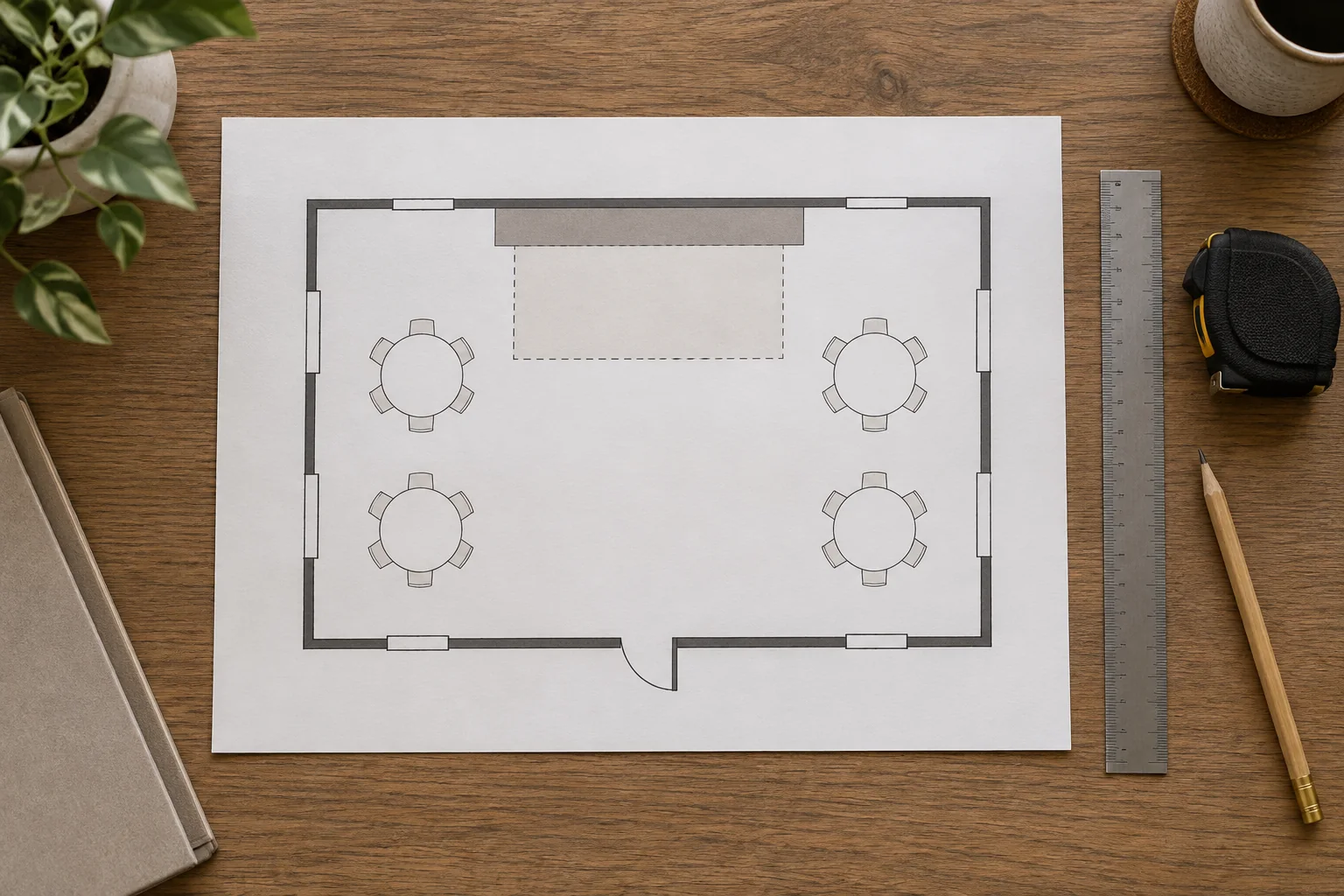 Function-room plan showing photo booth backdrop size and clear floor space